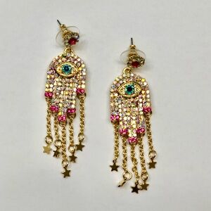 Hamsa Hand Rhinestones with Stars Tassel Earrings - Lucky Eye Earrings